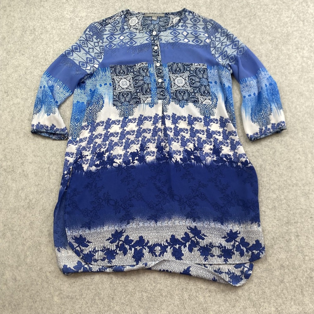 Valerie Stevens Blouse Womens S Blue Floral Henley 3/4 Sleeve Tunic Top